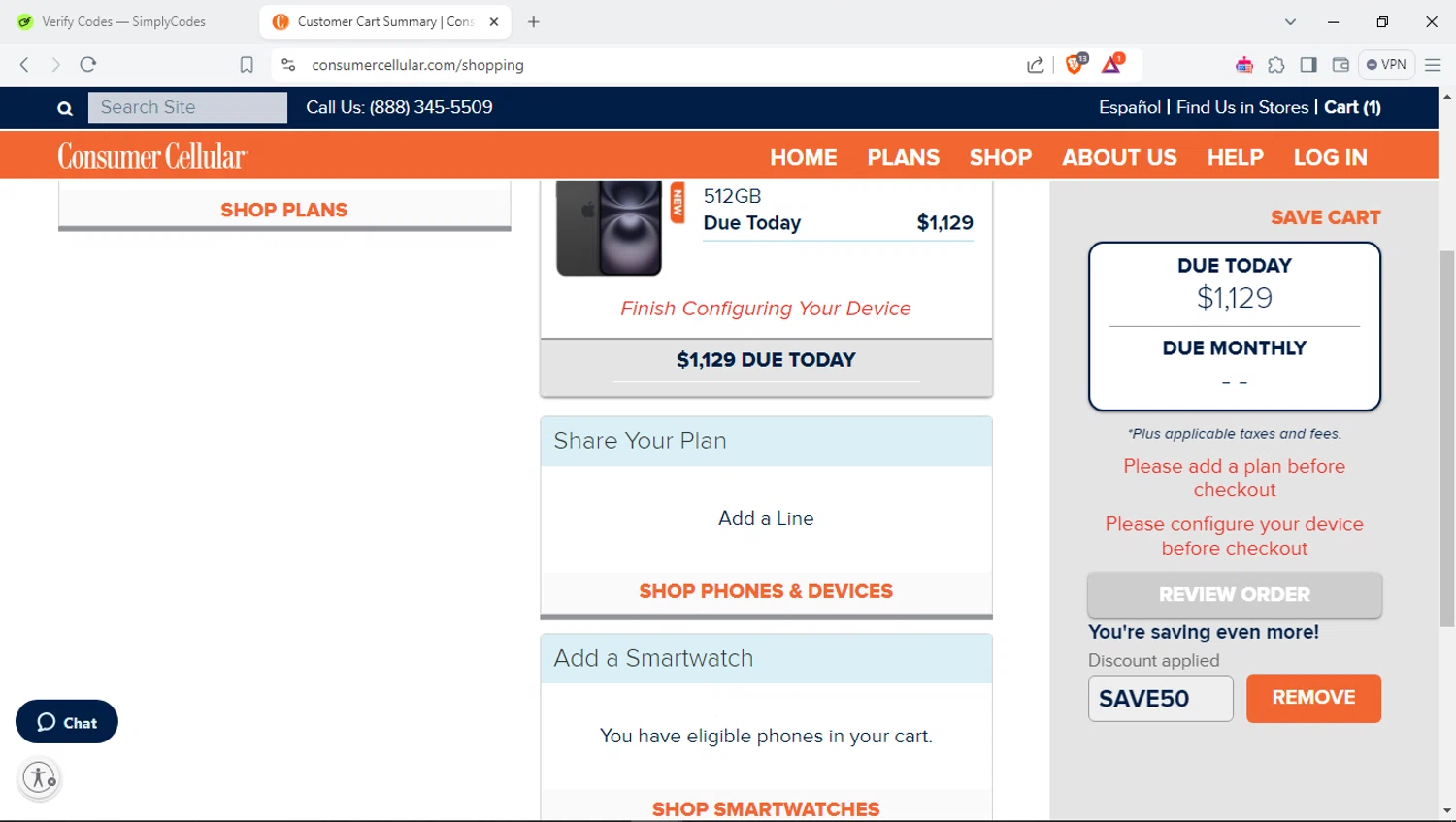 where to use Consumer Cellular promo code box