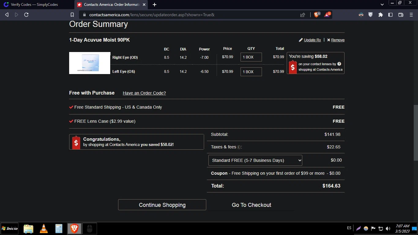 Contacts America checkout page showing Contacts America coupon code box | Screenshot taken by SimplyCodes community member on Mar 5, 2023
