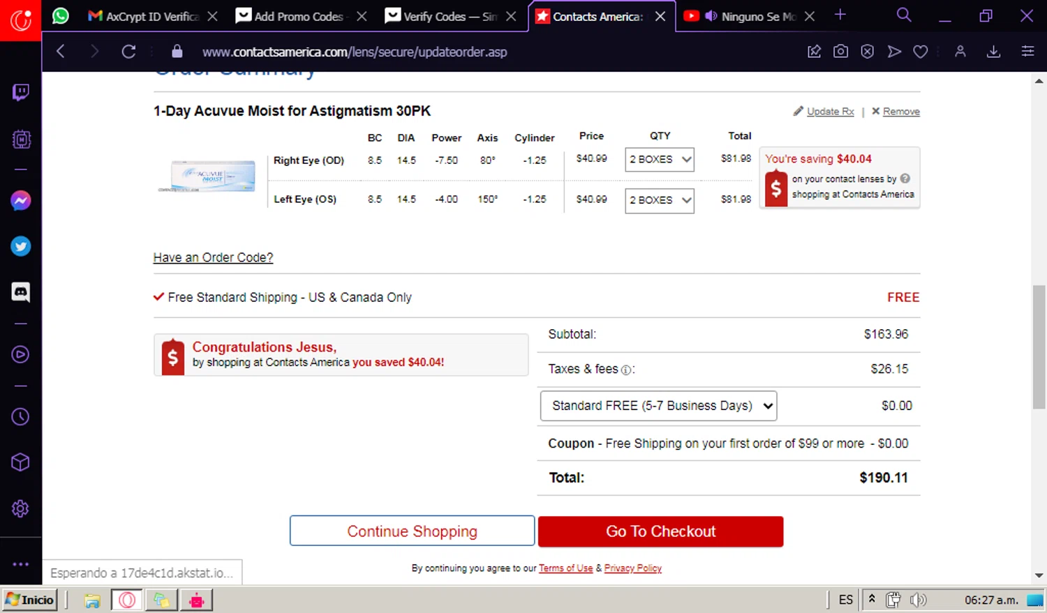 Contacts America checkout page showing Contacts America coupon code box | Screenshot taken by SimplyCodes community member on Dec 13, 2023