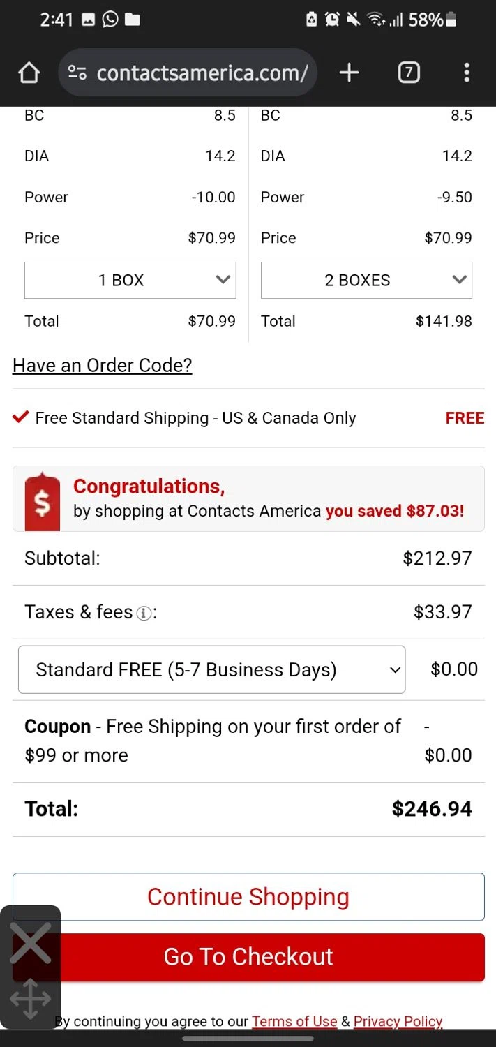 Contacts America checkout page showing Contacts America coupon code box | Screenshot taken by SimplyCodes community member on Nov 3, 2023