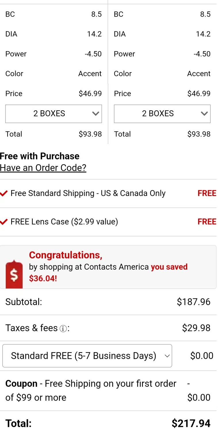 Contacts America checkout page showing Contacts America coupon code box | Screenshot taken by SimplyCodes community member on Aug 29, 2023
