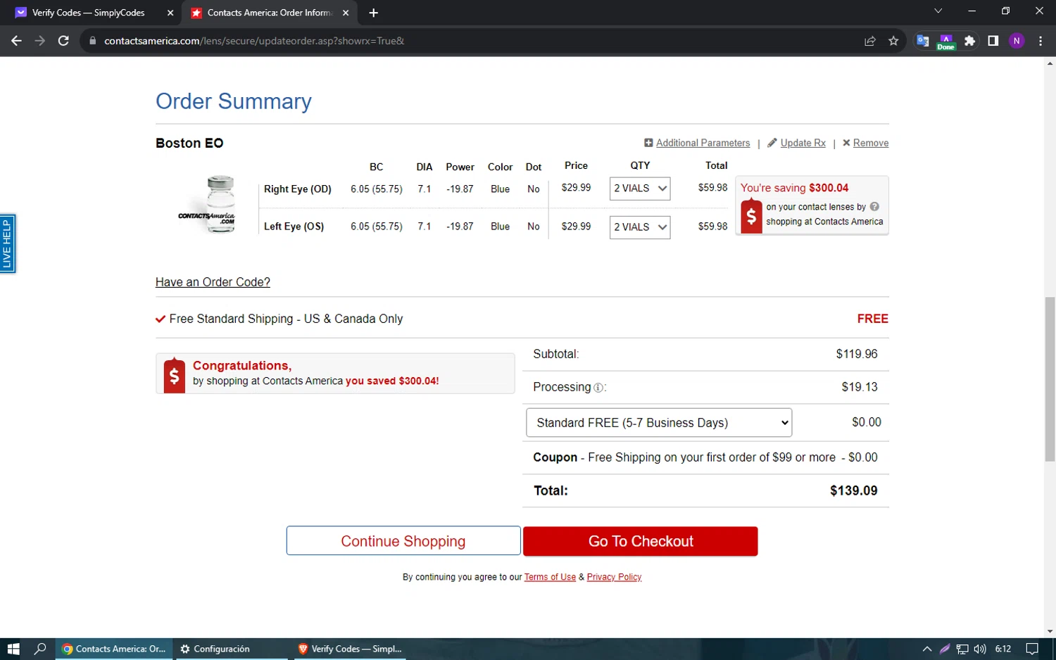 Contacts America checkout page showing Contacts America coupon code box | Screenshot taken by SimplyCodes community member on Oct 26, 2023
