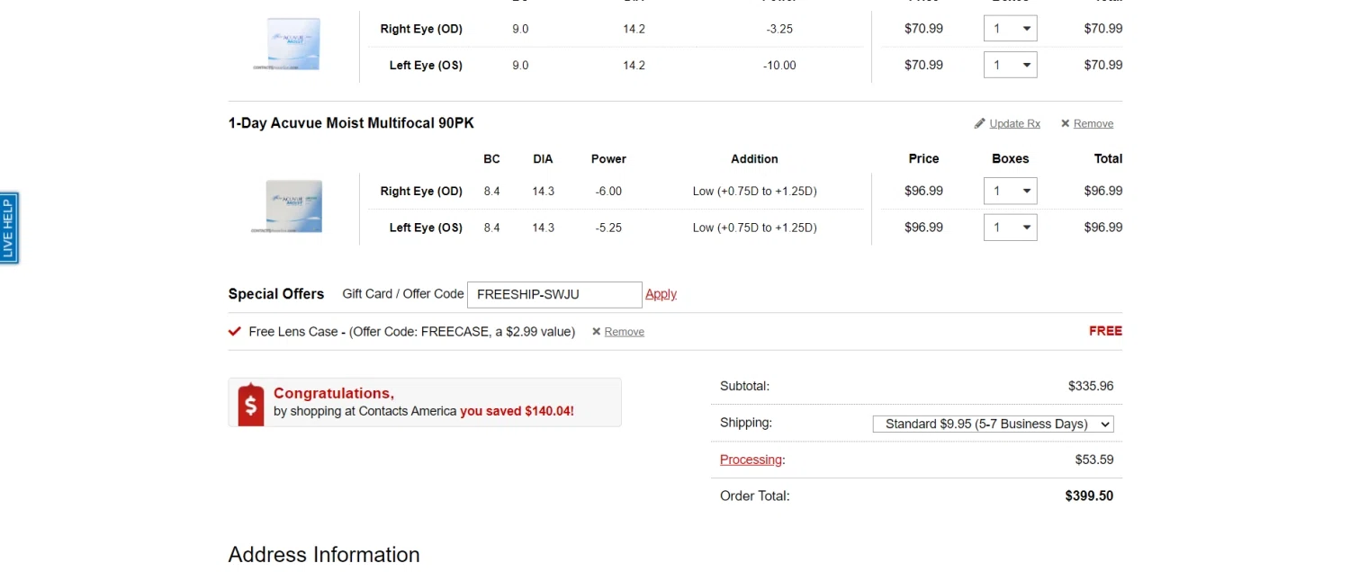 Contacts America checkout page showing Contacts America coupon code box | Screenshot taken by SimplyCodes community member on Feb 4, 2023