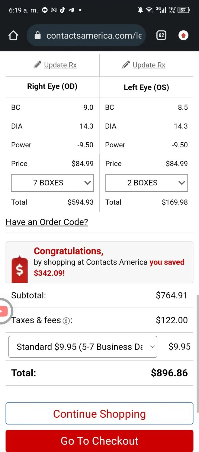 Contacts America checkout page showing Contacts America coupon code box | Screenshot taken by SimplyCodes community member on Oct 24, 2023