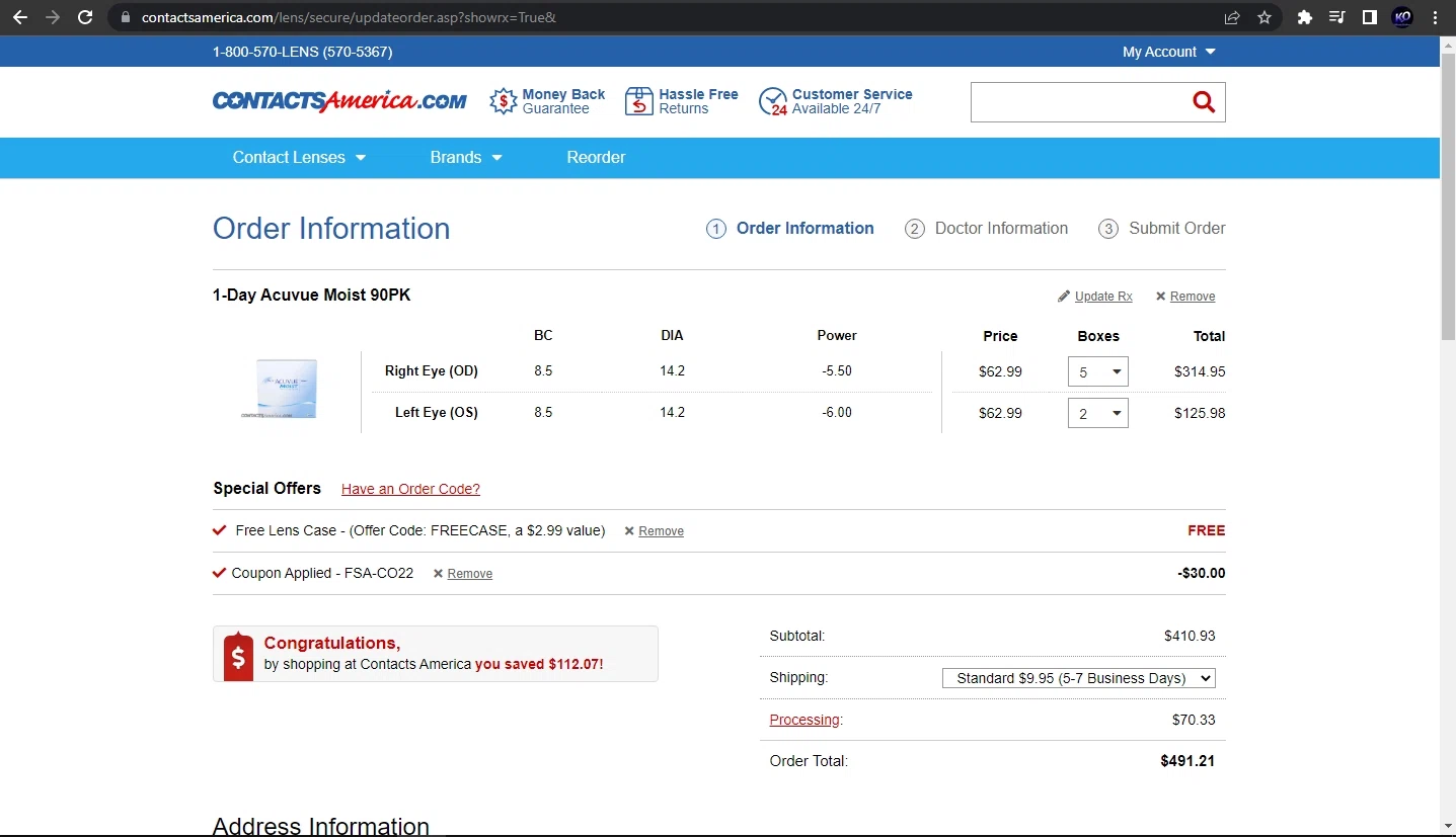 Contacts America checkout page showing Contacts America coupon code box | Screenshot taken by SimplyCodes community member on Oct 30, 2022