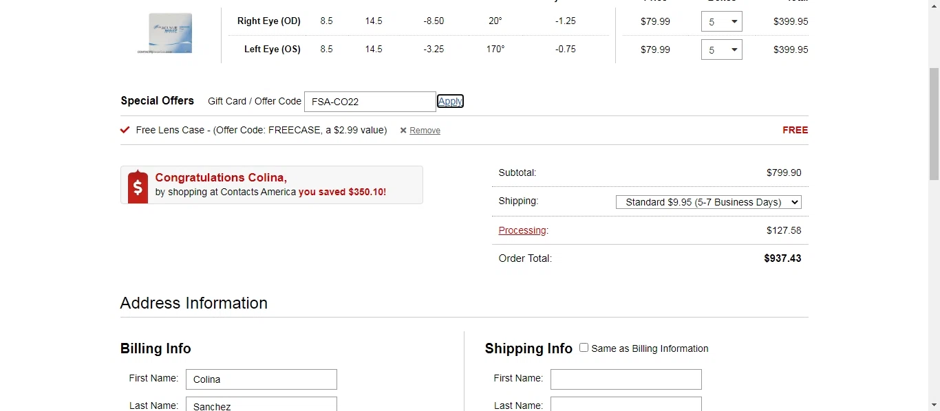 Contacts America checkout page showing Contacts America coupon code box | Screenshot taken by SimplyCodes community member on Jul 6, 2022