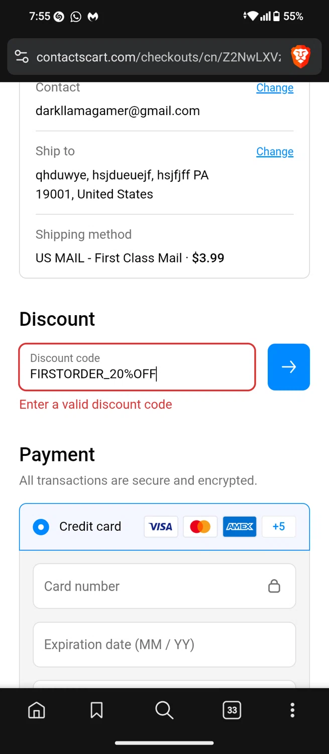 Contacts Cart discount code screenshot showing code FIRSTORDER_20%OFF applied at Contacts Cart checkout page. Uploaded by SimplyCodes community member MagnificentTiger8908 on May 9, 2025