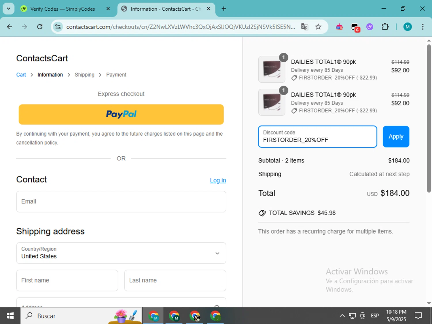 Contacts Cart discount code screenshot showing code FIRSTORDER_20%OFF applied at Contacts Cart checkout page. Uploaded by SimplyCodes community member estrellaveloz on May 10, 2025