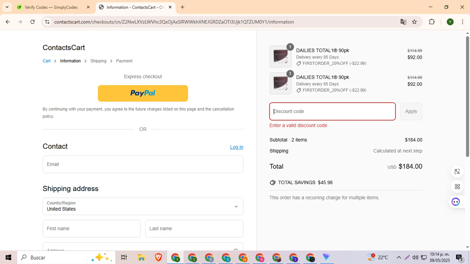 Contacts Cart discount code screenshot showing code FIRSTORDER_20%OFF applied at Contacts Cart checkout page. Uploaded by SimplyCodes community member ylleneromero on May 10, 2025