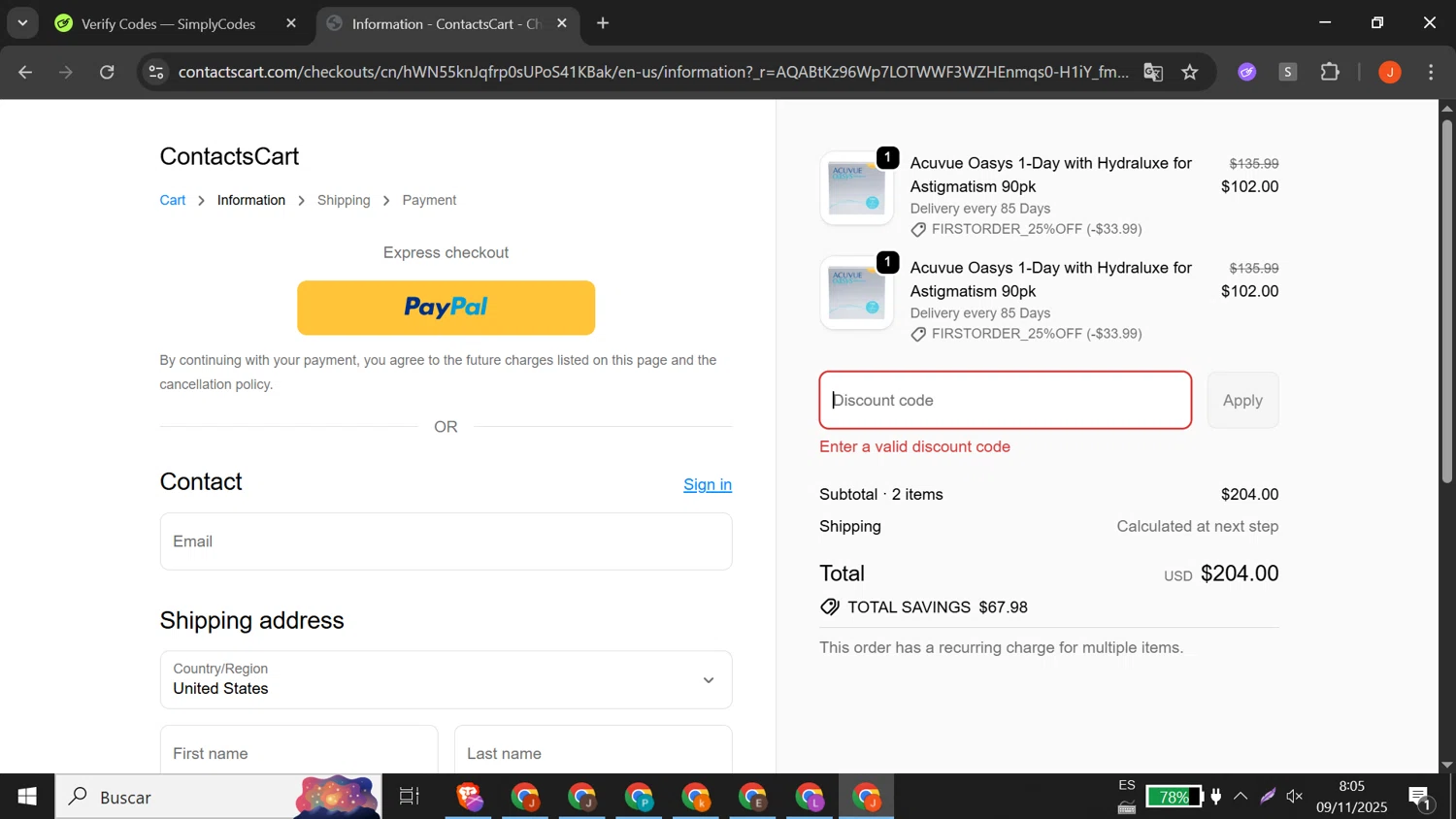 Contacts Cart discount code screenshot showing code FIRSTORDER_25%OFF applied at Contacts Cart checkout page. Uploaded by SimplyCodes community member RewardLion5095 on Nov 9, 2025