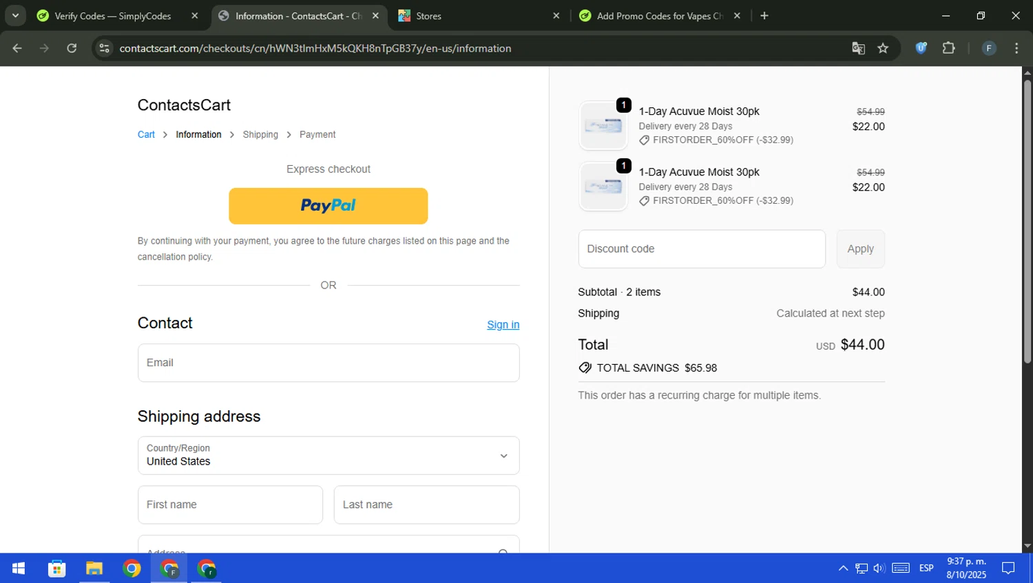 Contacts Cart checkout page showing Contacts Cart discount code box | Screenshot taken by SimplyCodes community member on Oct 9, 2025