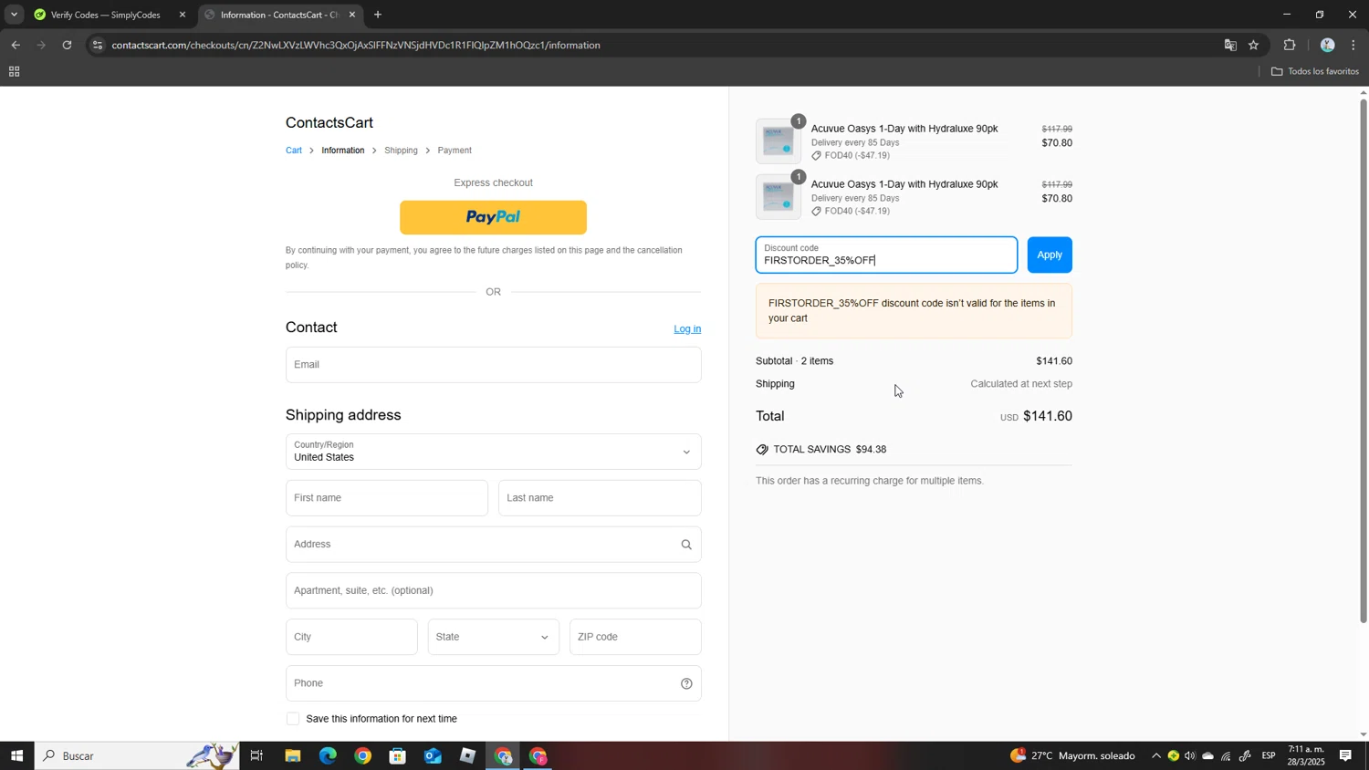 Contacts Cart discount code screenshot showing code FIRSTORDER_35%OFF applied at Contacts Cart checkout page. Uploaded by SimplyCodes community member SmartWizard8062 on Mar 28, 2025