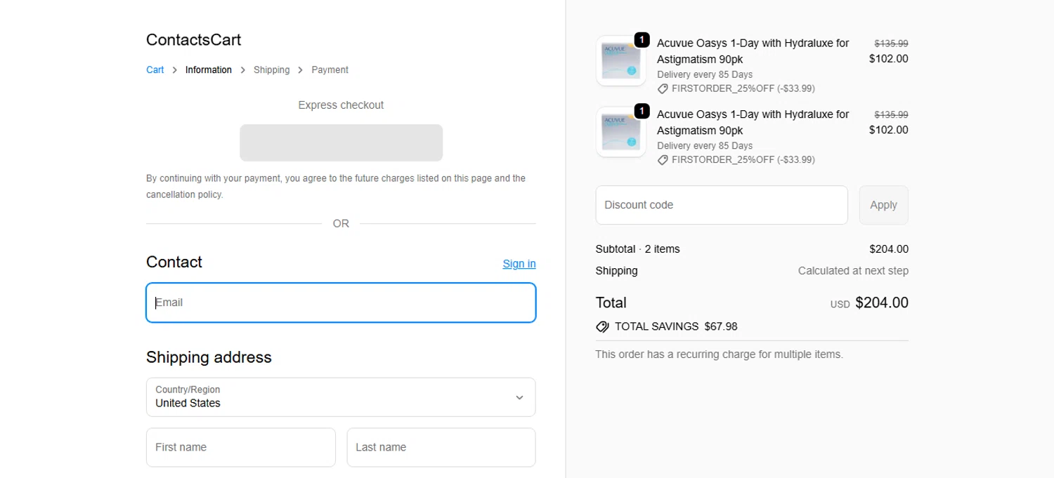 Contacts Cart discount code screenshot showing code FIRSTORDER_25%OFF applied at Contacts Cart checkout page. Uploaded by SimplyCodes community member bettercallkim on Oct 11, 2025