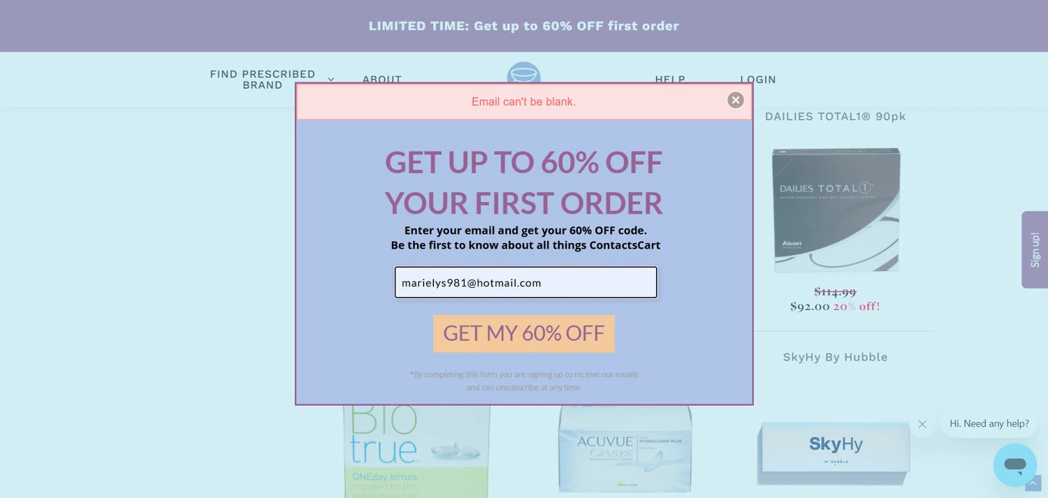 Contacts Cart discount code screenshot showing code GETMY60%OFF applied at Contacts Cart checkout page. Uploaded by SimplyCodes community member marielysmorales on May 23, 2025