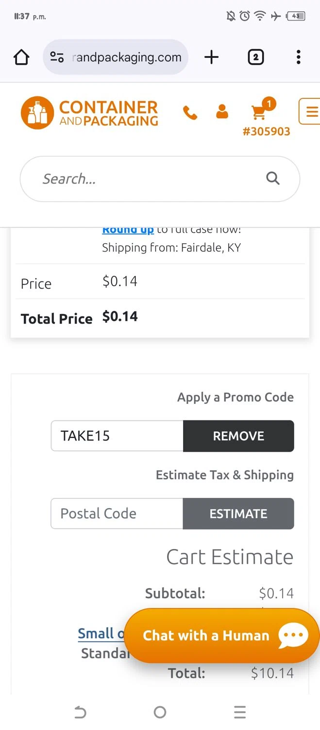 Container and Packaging checkout page showing Container and Packaging promo code box | Screenshot taken by SimplyCodes community member on Mar 2, 2025
