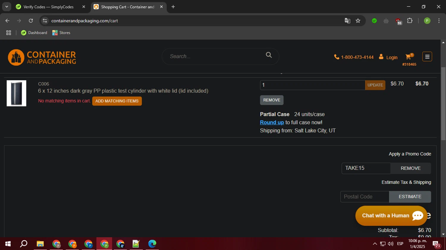 Container and Packaging checkout page showing Container and Packaging promo code box | Screenshot taken by SimplyCodes community member on Apr 2, 2025