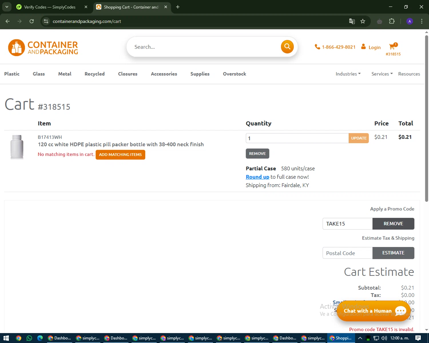 Container and Packaging promo code screenshot showing code TAKE15 applied at Container and Packaging checkout page. Uploaded by SimplyCodes community member MagnificentWarden4603 on Apr 2, 2025