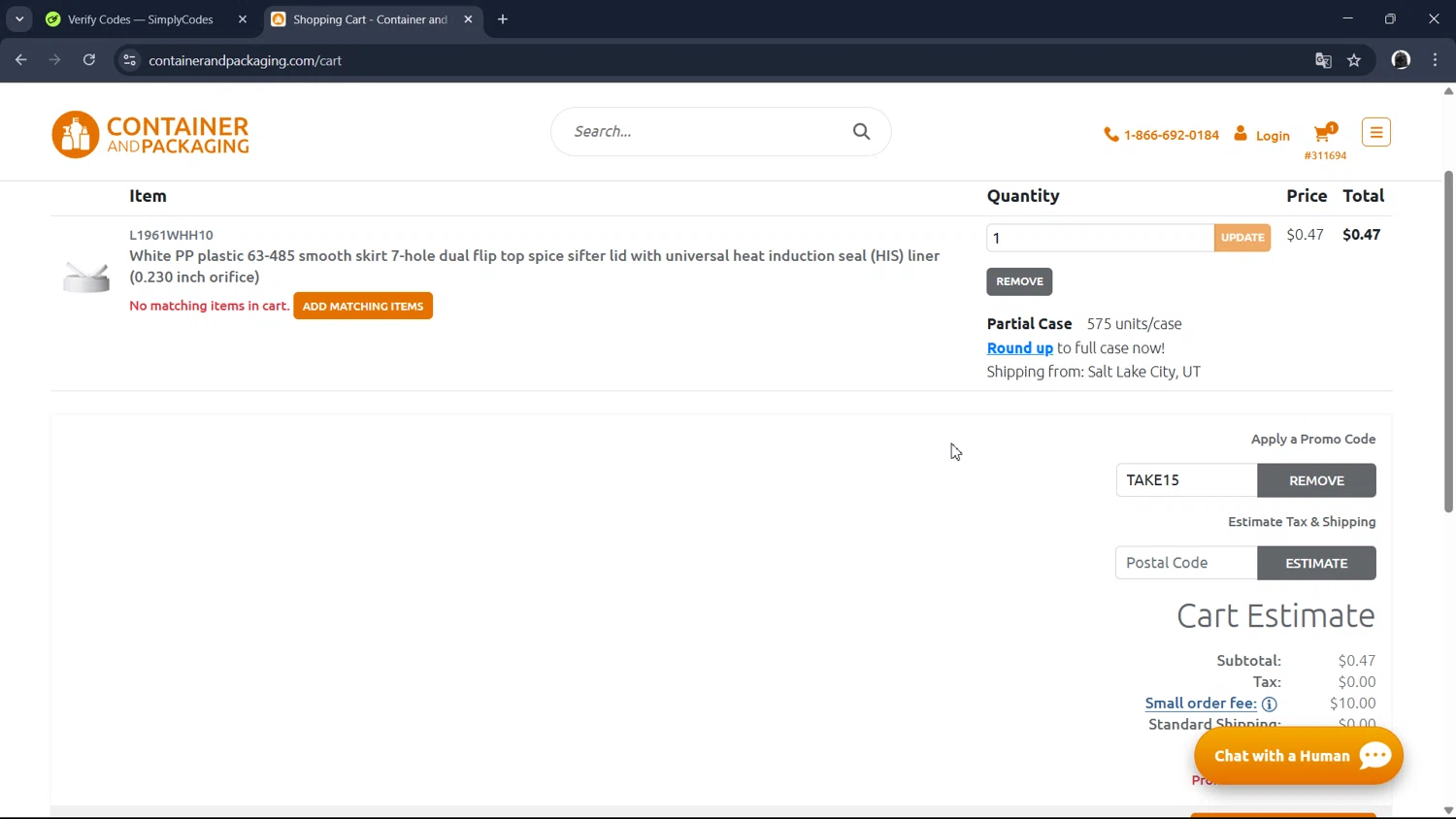 Container and Packaging checkout page showing Container and Packaging promo code box | Screenshot taken by SimplyCodes community member on Mar 17, 2025