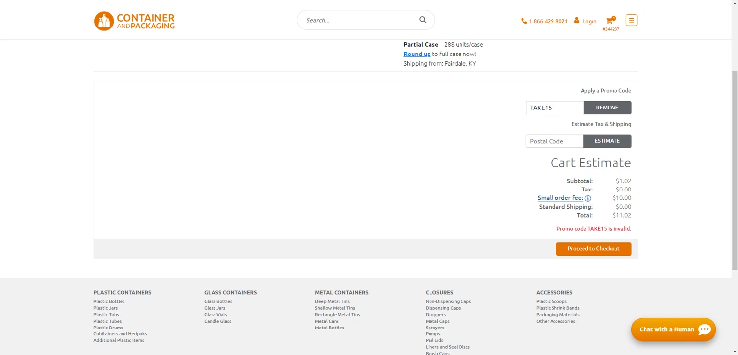 Container and Packaging promo code screenshot showing code TAKE15 applied at Container and Packaging checkout page. Uploaded by SimplyCodes community member TreasureKnight4134 on May 30, 2025