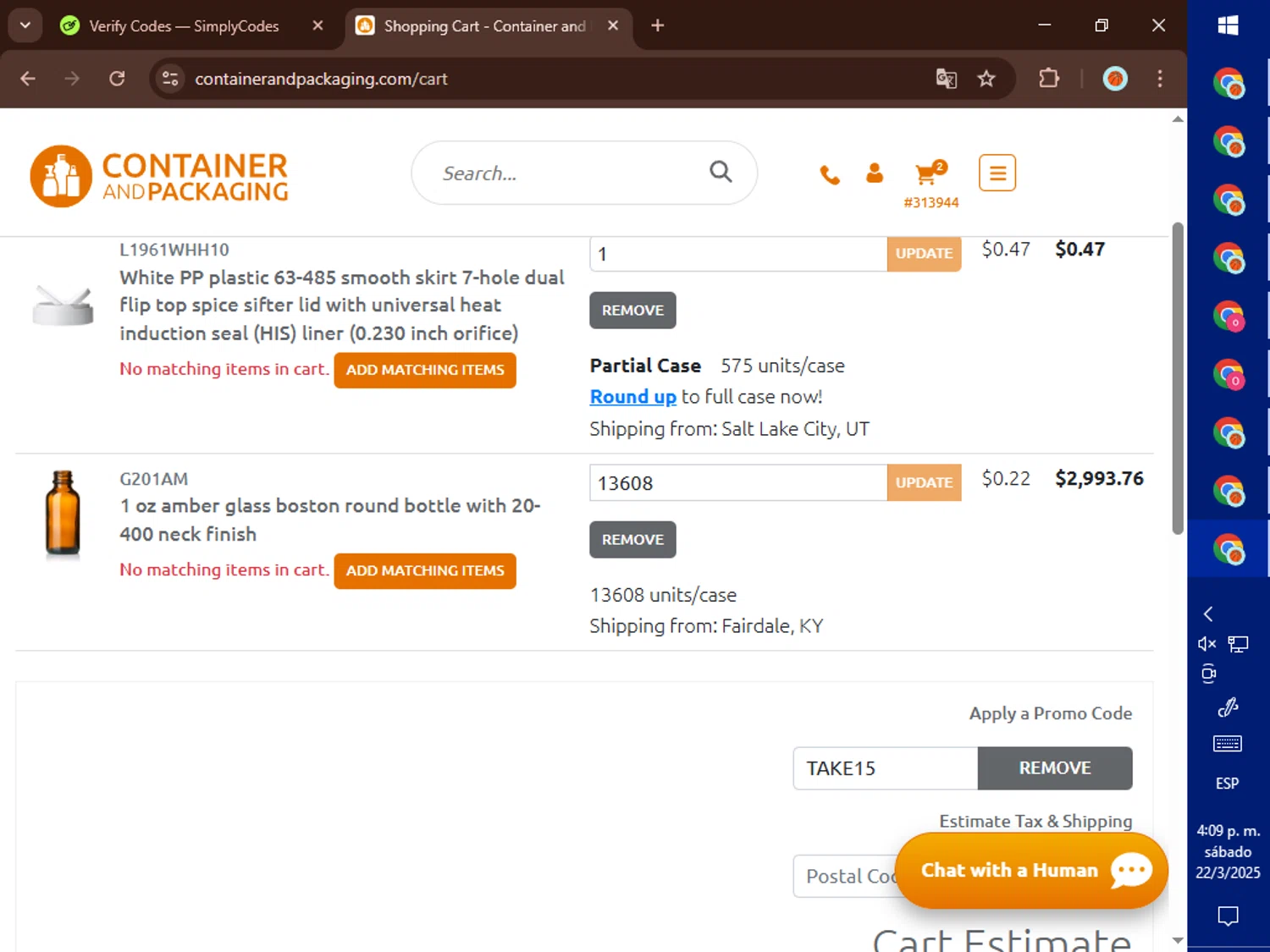 Container and Packaging checkout page showing Container and Packaging promo code box | Screenshot taken by SimplyCodes community member on Mar 22, 2025