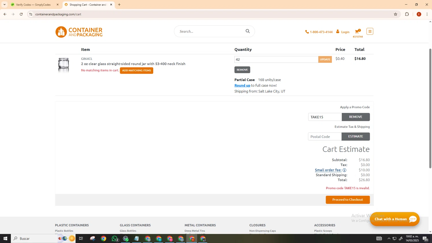 Container and Packaging checkout page showing Container and Packaging promo code box | Screenshot taken by SimplyCodes community member on Mar 14, 2025