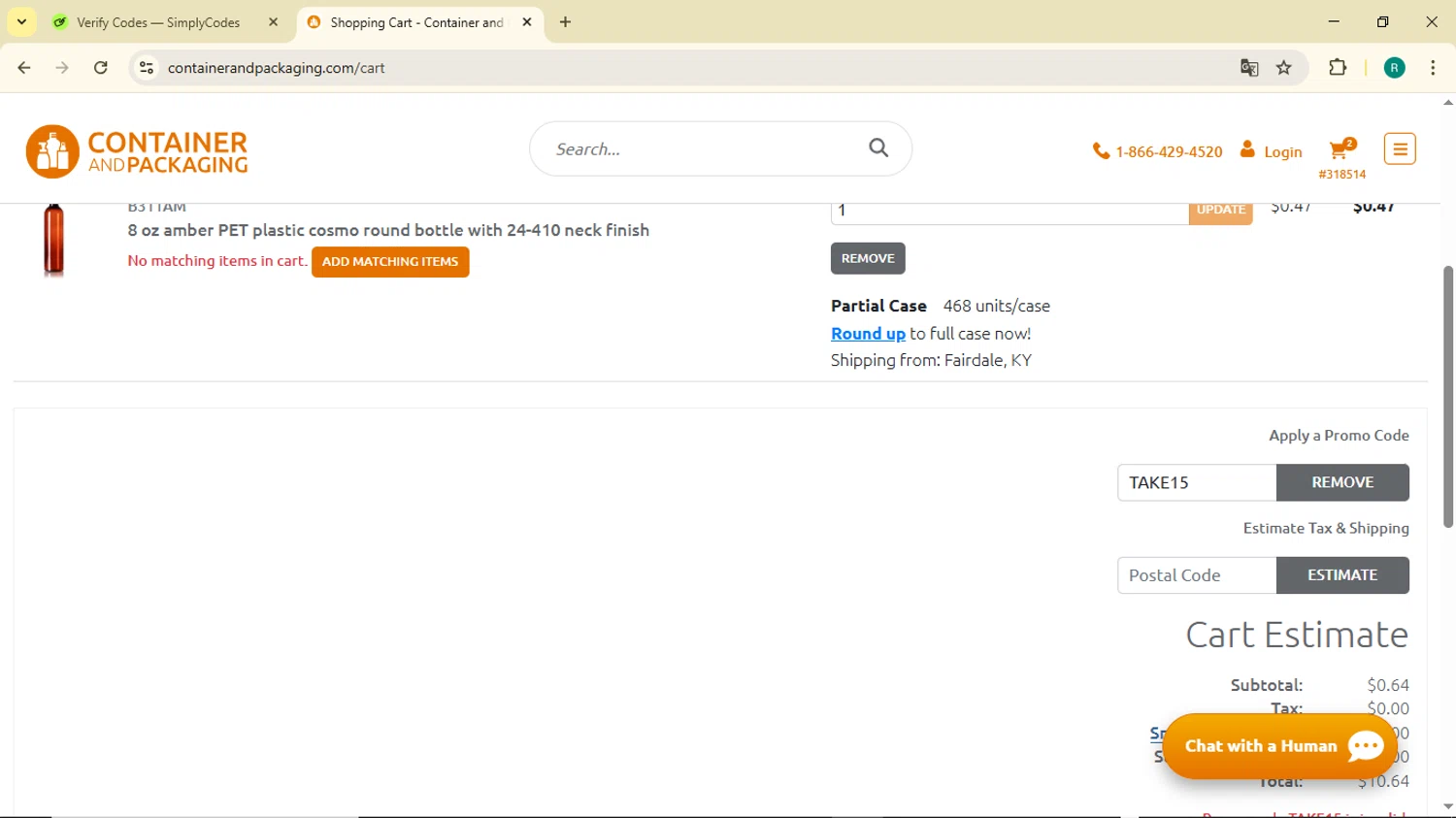 Container and Packaging promo code screenshot showing code TAKE15 applied at Container and Packaging checkout page. Uploaded by SimplyCodes community member BargainMonarch6495 on Apr 2, 2025