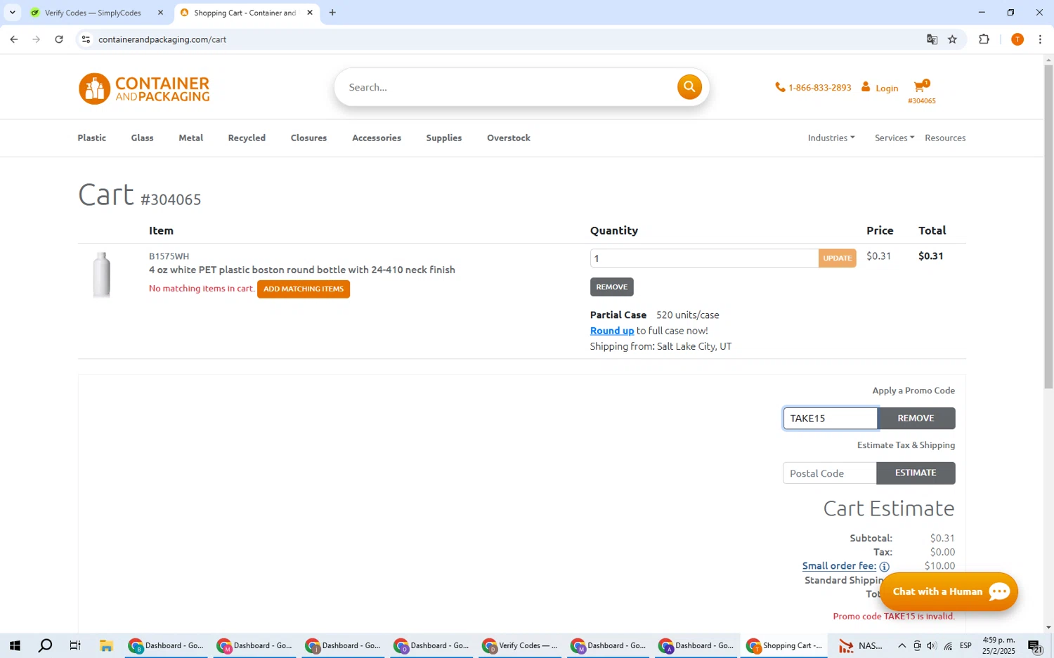 Container and Packaging checkout page showing Container and Packaging promo code box | Screenshot taken by SimplyCodes community member on Feb 25, 2025