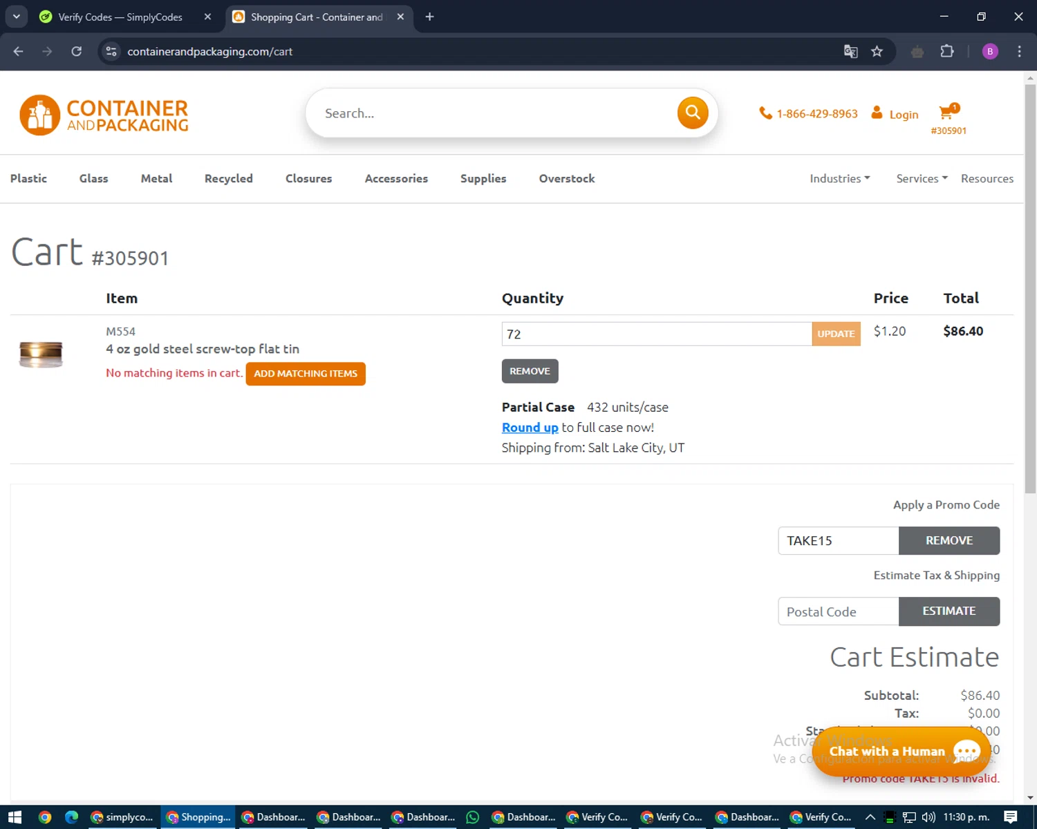 Container and Packaging checkout page showing Container and Packaging promo code box | Screenshot taken by SimplyCodes community member on Mar 2, 2025
