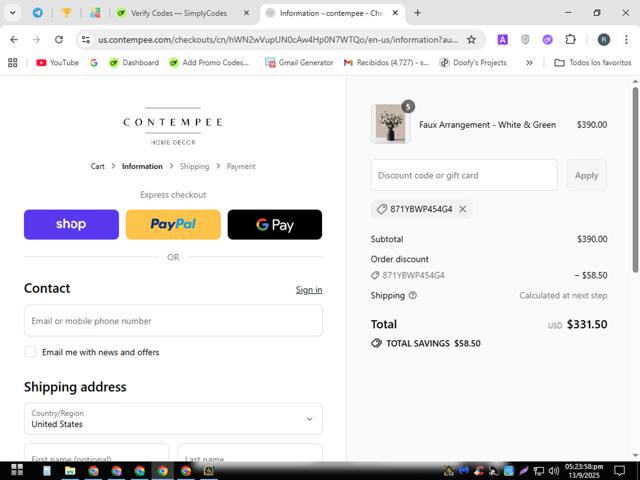 Contempee checkout page showing Contempee discount code box | Screenshot taken by SimplyCodes community member on Sep 13, 2025