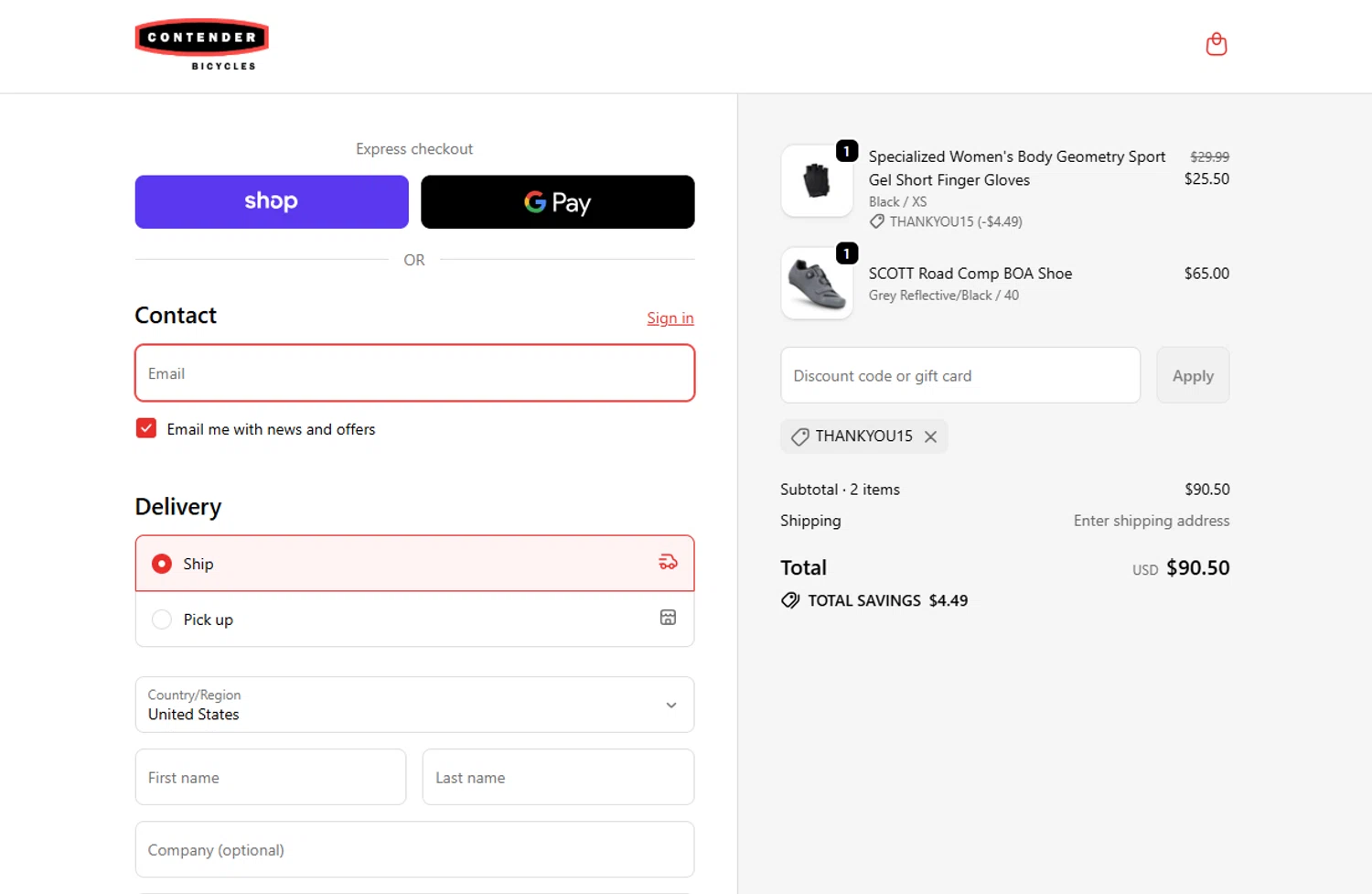 Contender Bicycles discount code screenshot showing code THANKYOU15 applied at Contender Bicycles checkout page. Uploaded by SimplyCodes community member FrugalKnight782 on Nov 19, 2025