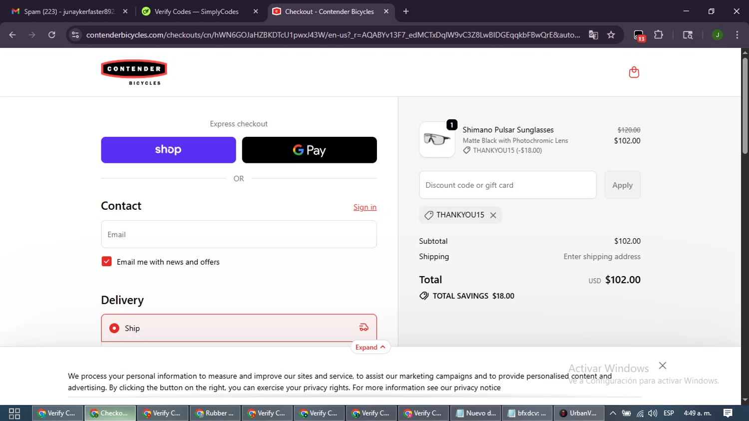Contender Bicycles discount code screenshot showing code THANKYOU15 applied at Contender Bicycles checkout page. Uploaded by SimplyCodes community member SmartLion6646 on Dec 10, 2025