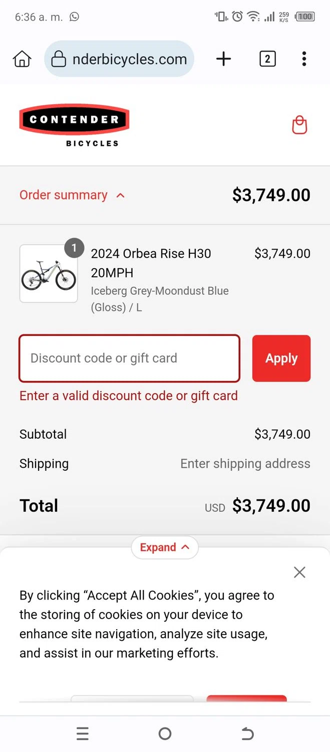 Contender Bicycles discount code screenshot showing code JAN20 applied at Contender Bicycles checkout page. Uploaded by SimplyCodes community member carlstrike on Jan 5, 2025