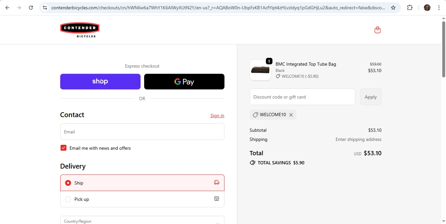 Contender Bicycles discount code screenshot showing code Welcome10 applied at Contender Bicycles checkout page. Uploaded by SimplyCodes community member JakePerrox on Dec 28, 2025