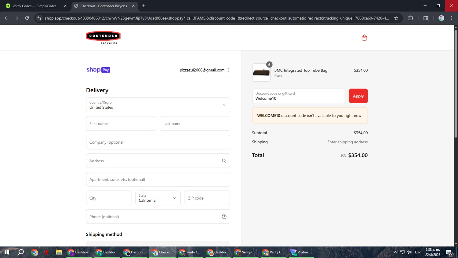 Contender Bicycles discount code screenshot showing code Welcome10 applied at Contender Bicycles checkout page. Uploaded by SimplyCodes community member ShrewdSeeker6165 on Aug 22, 2025