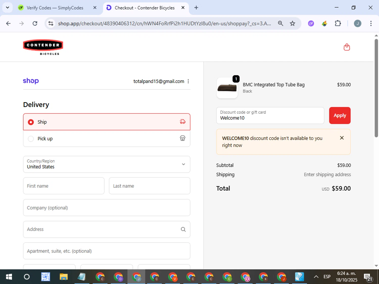Contender Bicycles discount code screenshot showing code Welcome10 applied at Contender Bicycles checkout page. Uploaded by SimplyCodes community member ValueTracker8384 on Oct 18, 2025