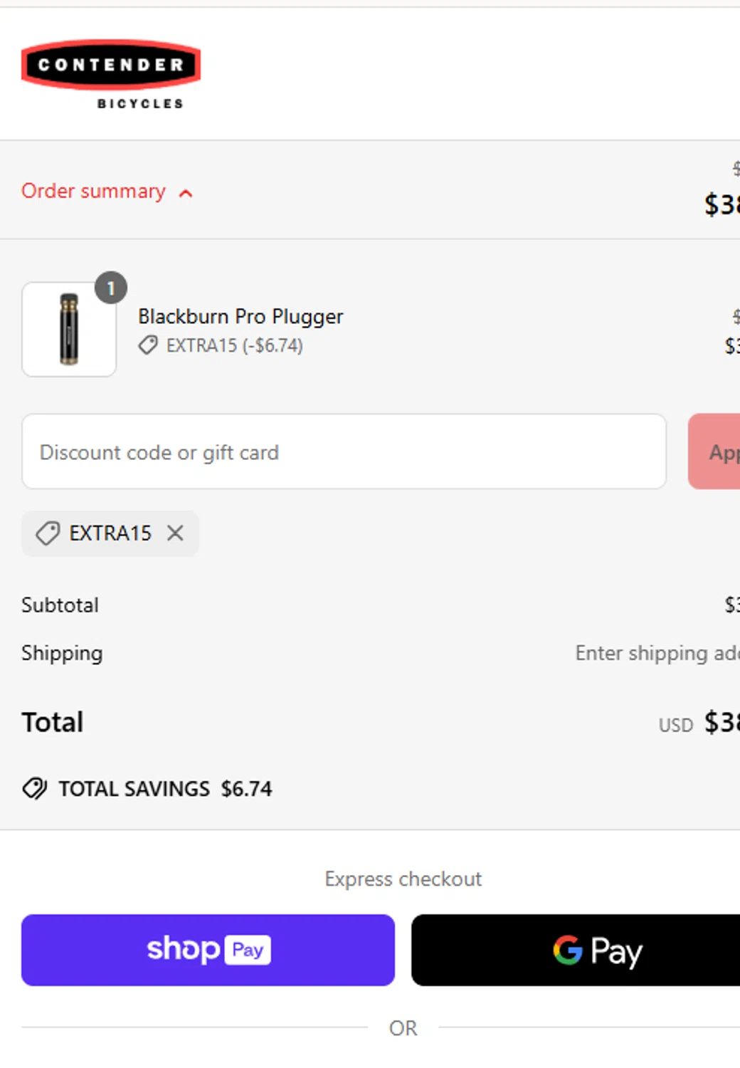 Contender Bicycles discount code screenshot showing code extra15 applied at Contender Bicycles checkout page. Uploaded by SimplyCodes community member MrWolf on Jun 18, 2025