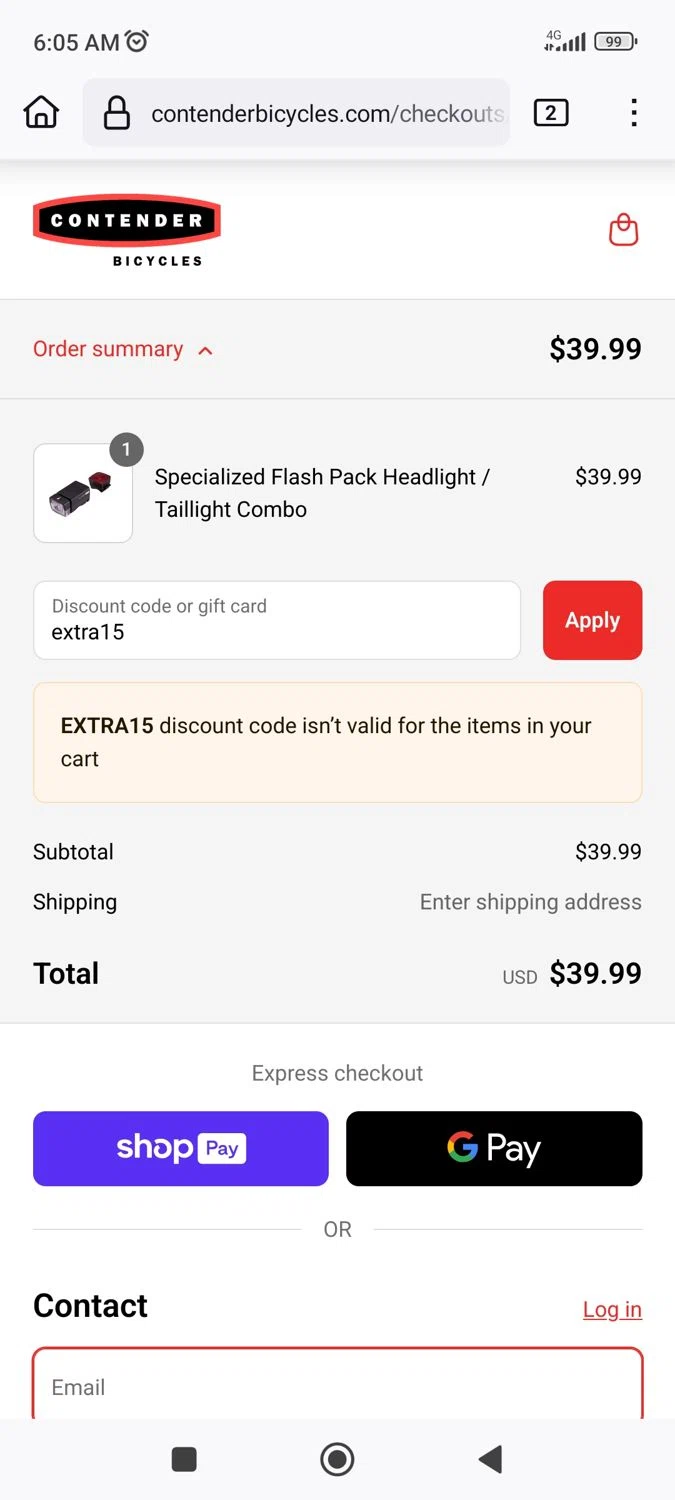 Contender Bicycles discount code screenshot showing code extra15 applied at Contender Bicycles checkout page. Uploaded by SimplyCodes community member Phoenix585 on Aug 22, 2025