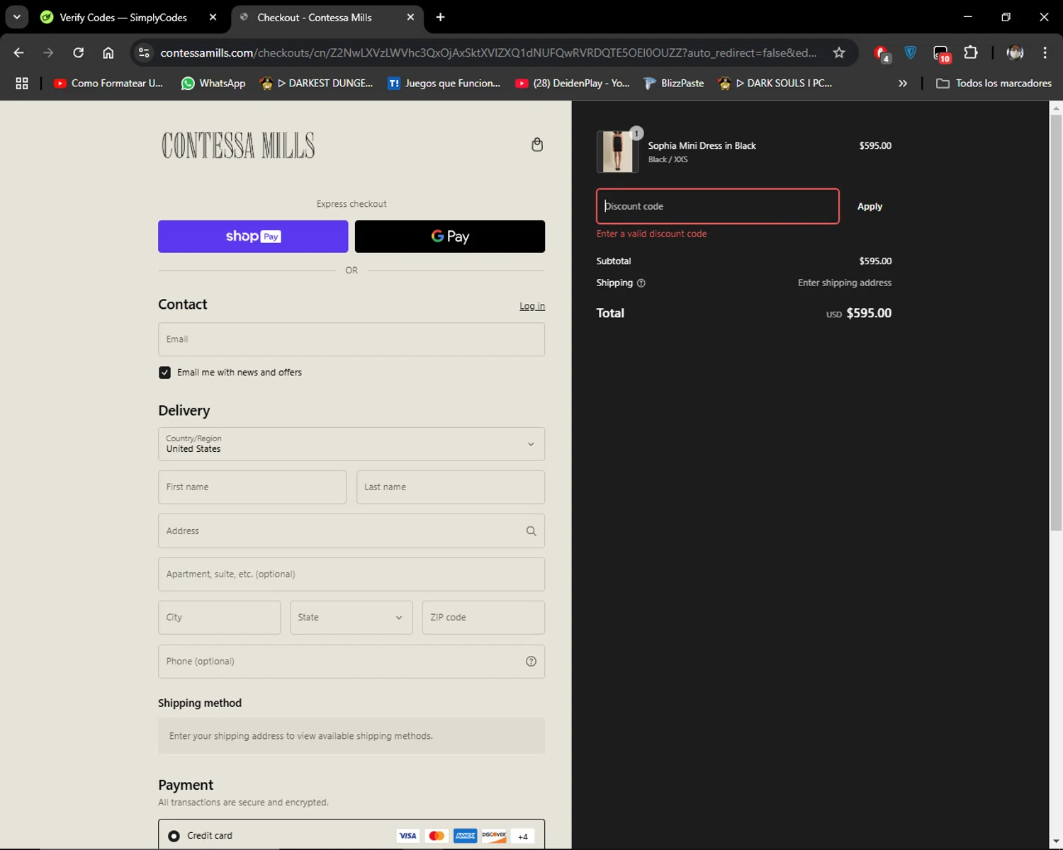 Contessa Mills promo code screenshot showing code TheWorld01-35 applied at Contessa Mills checkout page. Uploaded by SimplyCodes community member MiauMiau on Feb 12, 2025