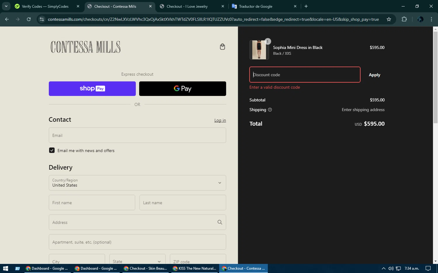 Contessa Mills promo code screenshot showing code TheWorld01-35 applied at Contessa Mills checkout page. Uploaded by SimplyCodes community member Kurokenshi on Feb 12, 2025