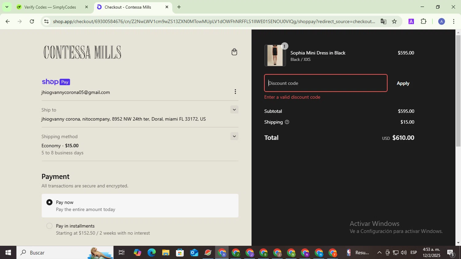 Contessa Mills promo code screenshot showing code TheWorld01-35 applied at Contessa Mills checkout page. Uploaded by SimplyCodes community member TreasureCaptain5531 on Feb 12, 2025