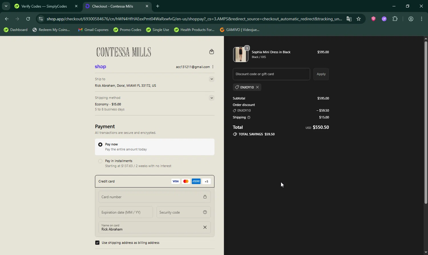 Contessa Mills promo code screenshot showing code Enjoy10 applied at Contessa Mills checkout page. Uploaded by SimplyCodes community member LHaunter on Oct 19, 2025