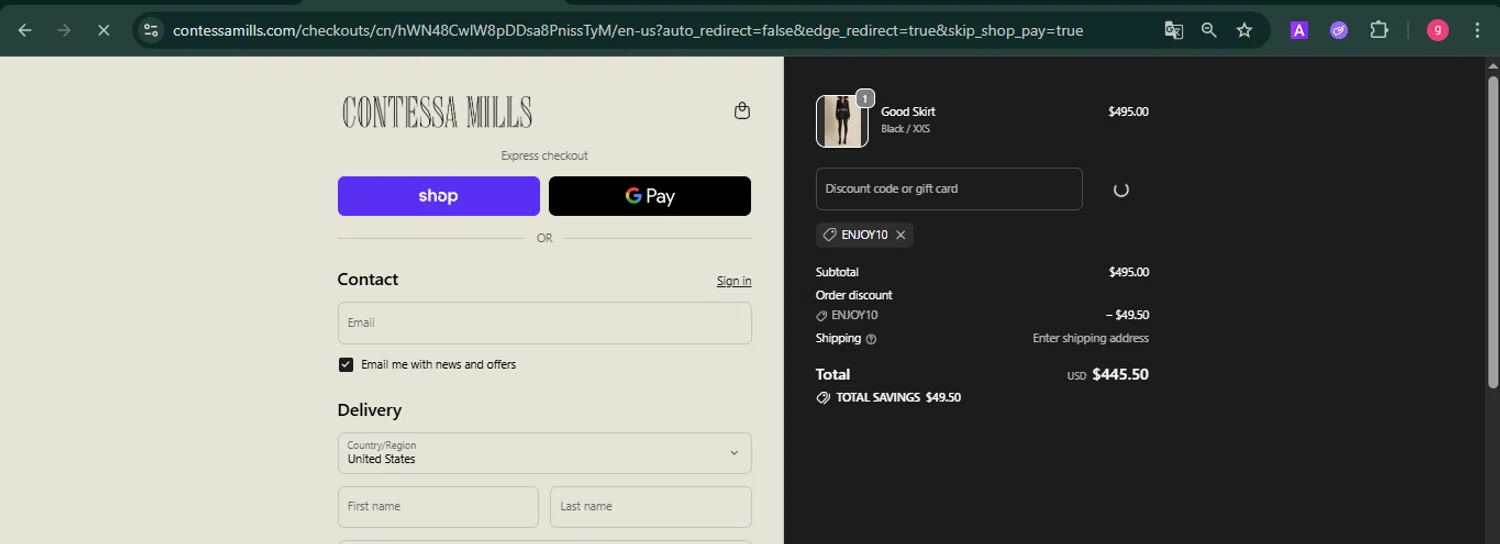Contessa Mills promo code screenshot showing code Enjoy10 applied at Contessa Mills checkout page. Uploaded by SimplyCodes community member MoneyFalcon481 on Oct 15, 2025
