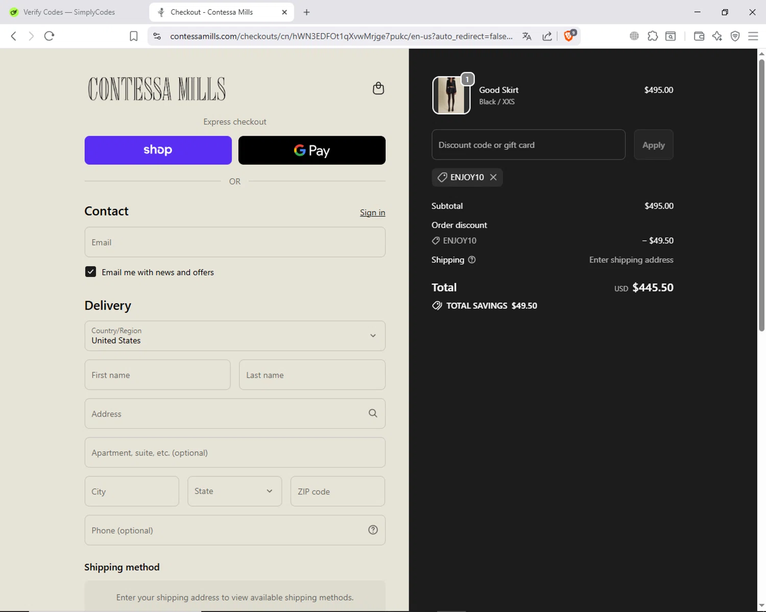 Contessa Mills promo code screenshot showing code Enjoy10 applied at Contessa Mills checkout page. Uploaded by SimplyCodes community member ShieldAdmiral6835 on Sep 21, 2025