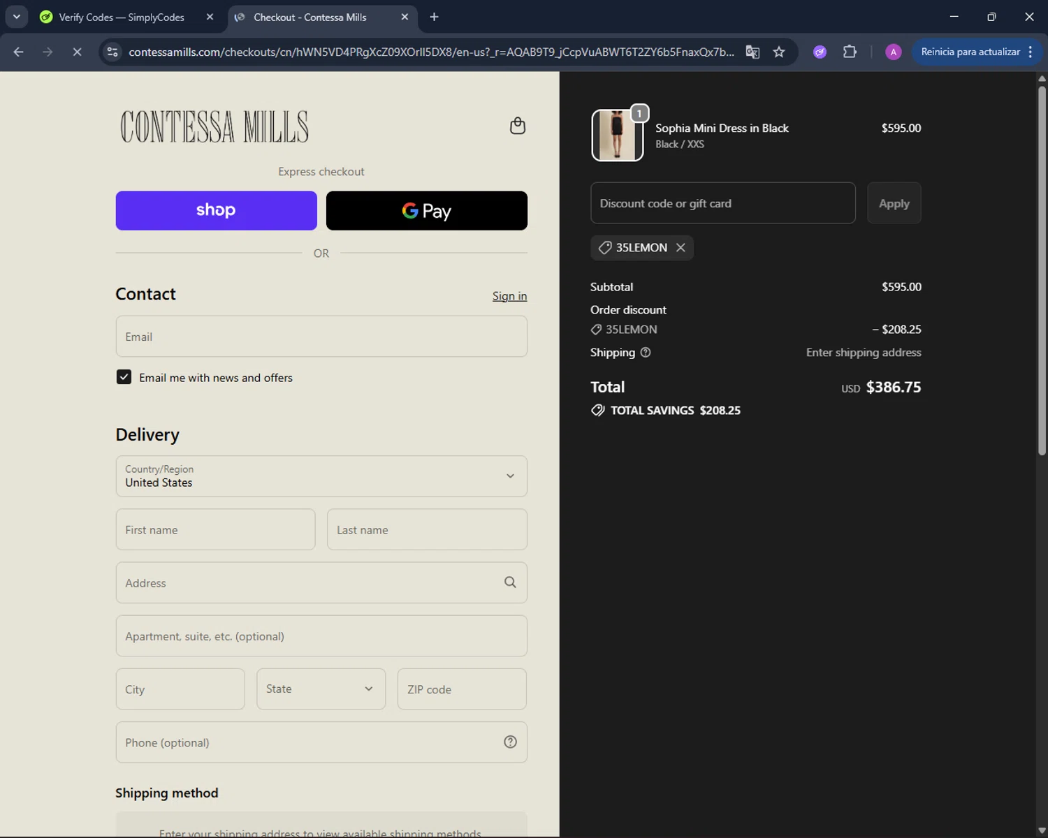 Contessa Mills promo code screenshot showing code 35lemon applied at Contessa Mills checkout page. Uploaded by SimplyCodes community member AV2ACG on Nov 20, 2025