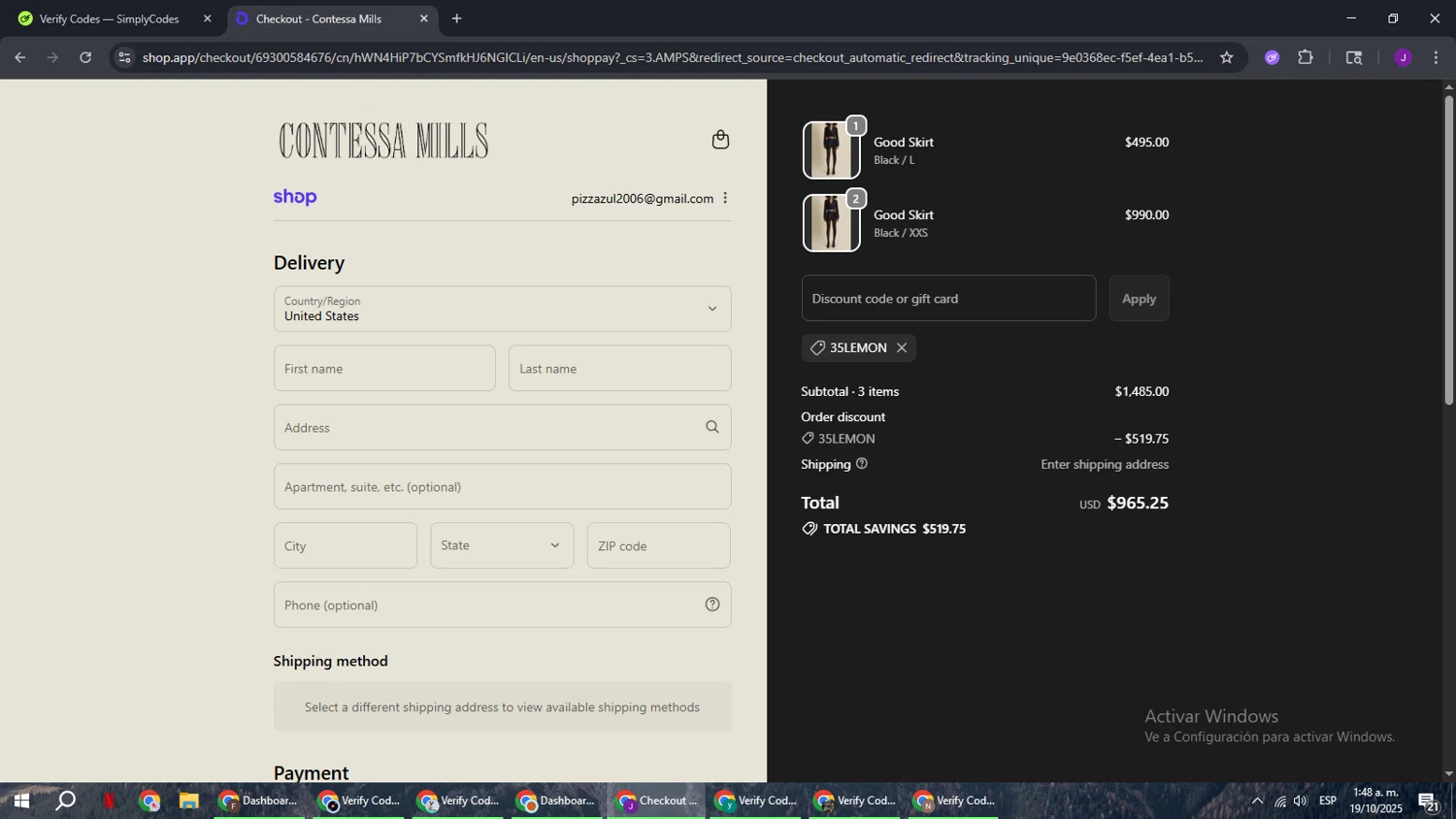 Contessa Mills promo code screenshot showing code 35lemon applied at Contessa Mills checkout page. Uploaded by SimplyCodes community member ComeBurra123 on Oct 19, 2025