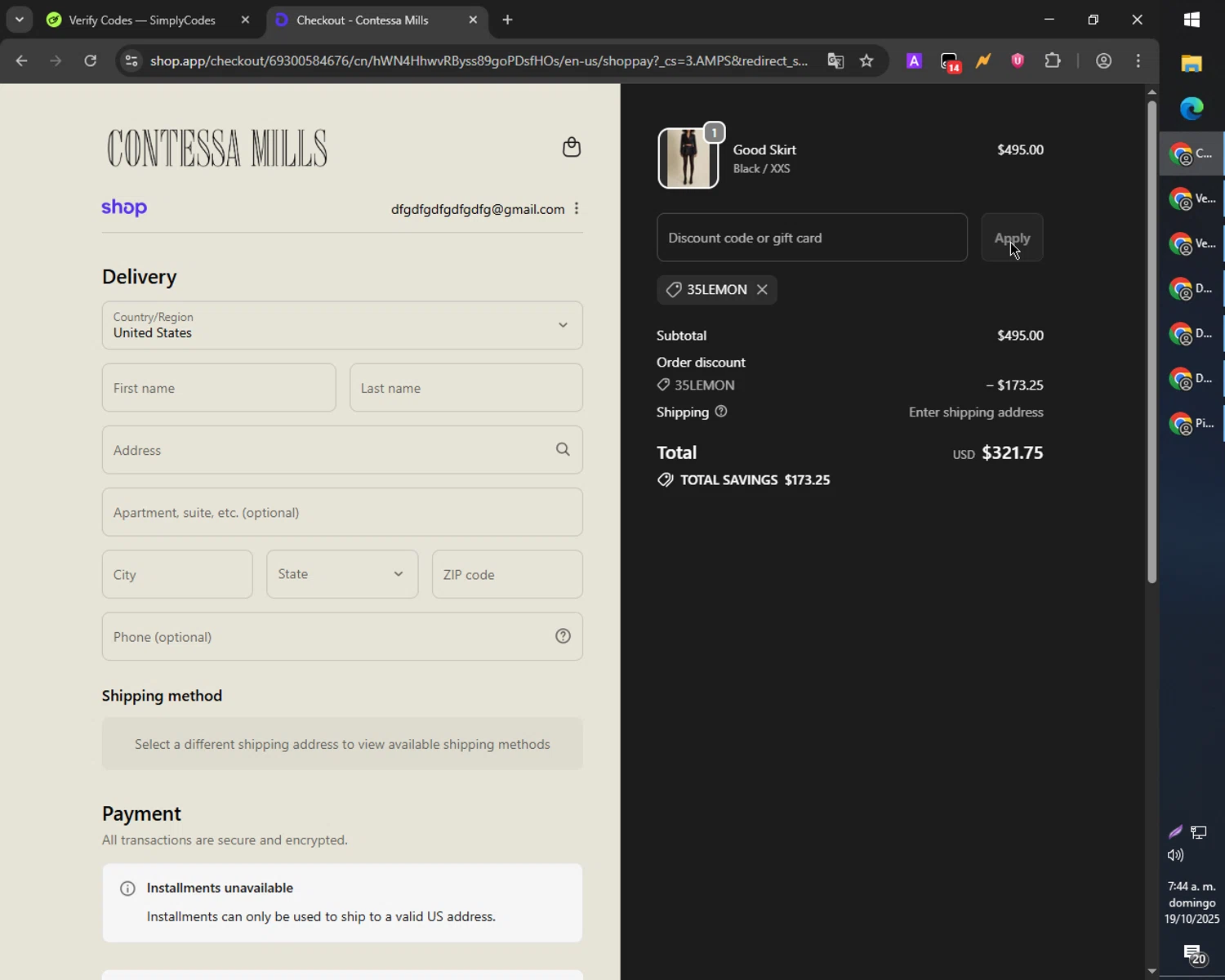 Contessa Mills promo code screenshot showing code 35lemon applied at Contessa Mills checkout page. Uploaded by SimplyCodes community member RebateCaptain6440 on Oct 19, 2025