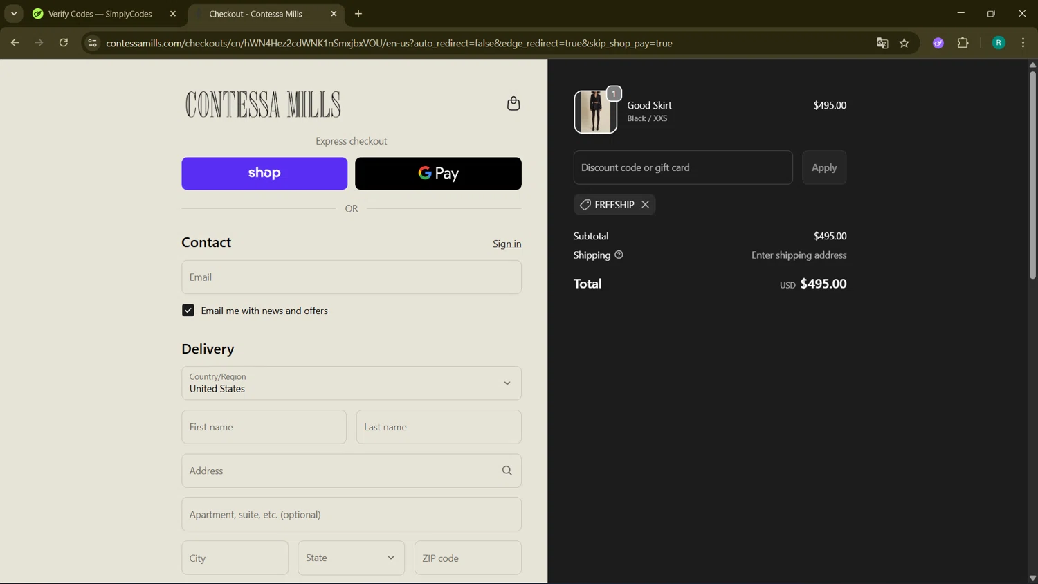 Contessa Mills promo code screenshot showing code FREESHIP applied at Contessa Mills checkout page. Uploaded by SimplyCodes community member BargainMonarch6495 on Oct 19, 2025
