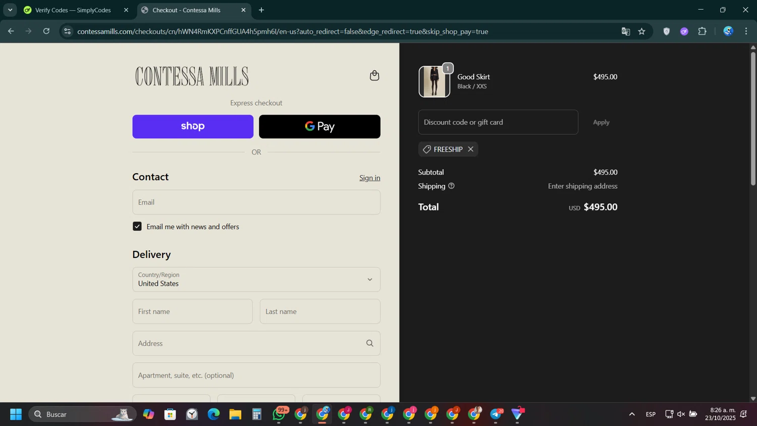 Contessa Mills promo code screenshot showing code FREESHIP applied at Contessa Mills checkout page. Uploaded by SimplyCodes community member VictoriousPioneer4638 on Oct 23, 2025