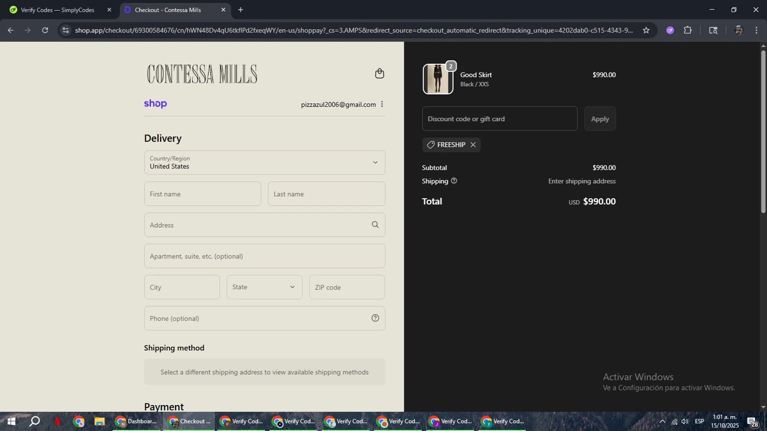 Contessa Mills promo code screenshot showing code FREESHIP applied at Contessa Mills checkout page. Uploaded by SimplyCodes community member xxdddd on Oct 15, 2025