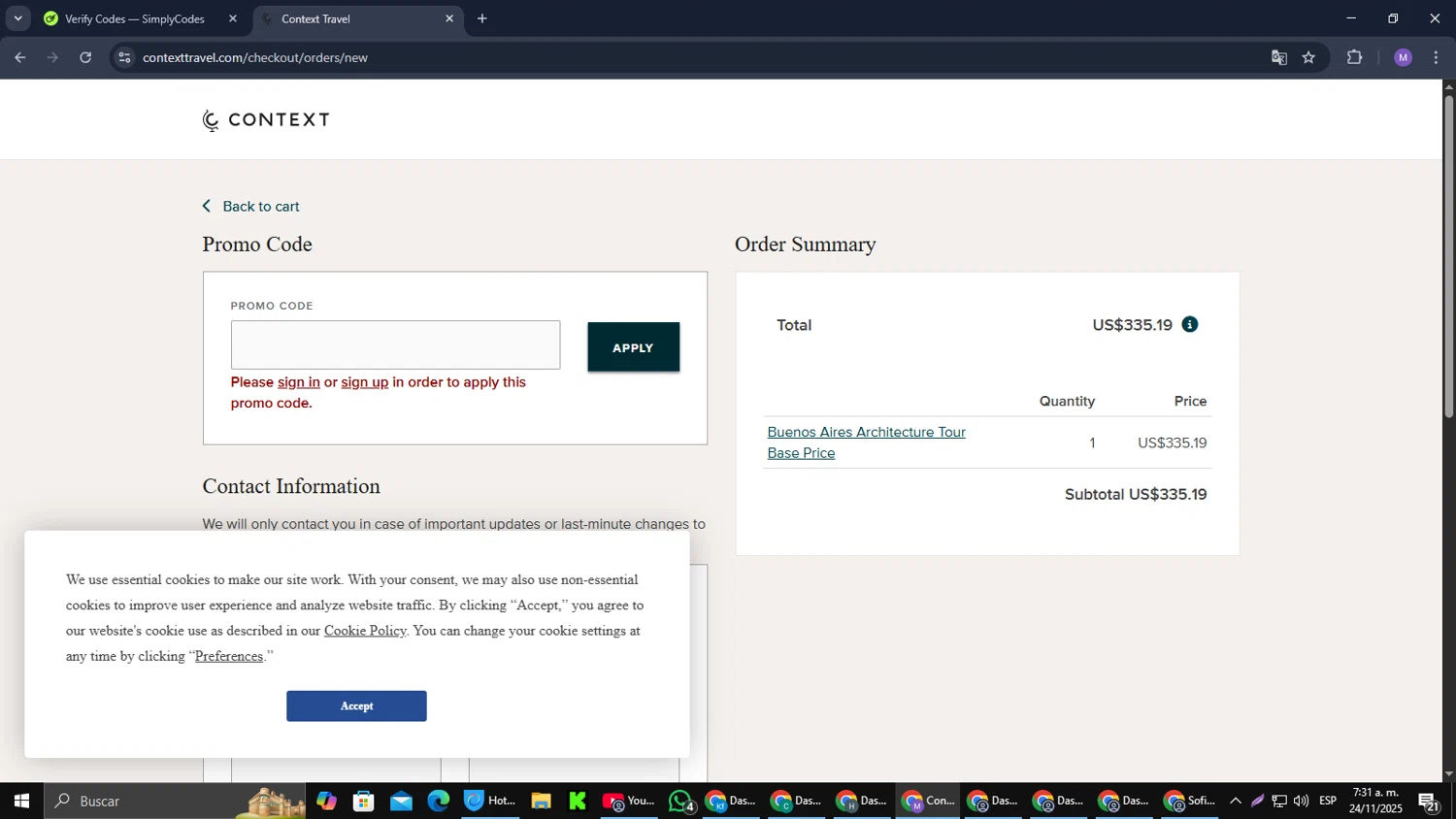 Context Travel promo code screenshot showing code WELCOME10 applied at Context Travel checkout page. Uploaded by SimplyCodes community member CouponGuardian8137 on Nov 24, 2025